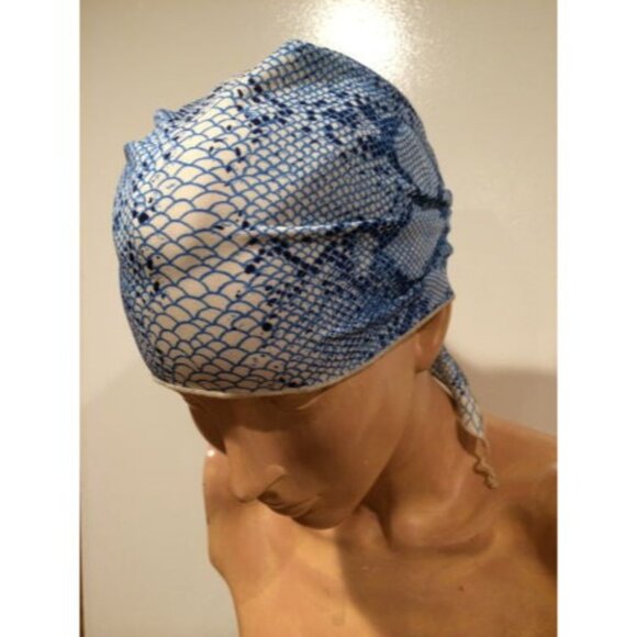 Vintage Snake Skin Print Head Scarf Blues & Off-White Triangular Design - Picture 4 of 5